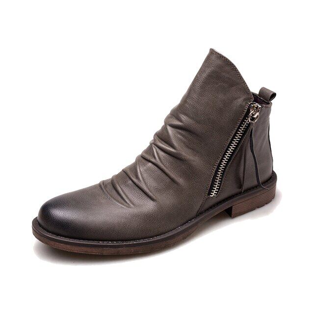 Vintage Motorcycle Military Cowboy Boots For Men Bilateral Zip Tassel Leather Knight Ankle Boot Anti-Skid Sole Fashion Work Shoe