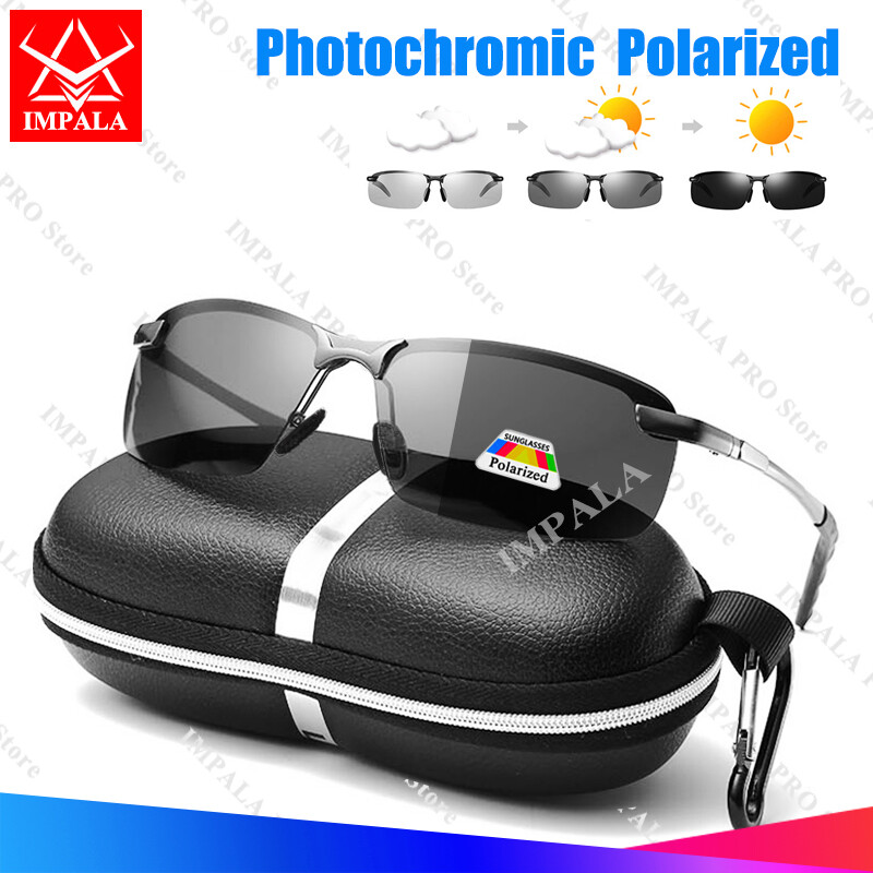IMPALA PG036L Cool Style Photochromic Polarized Sunglasses for Men UV Protection Anti Glare Sun Glasses for Motorcycle Driving Fishing Retro Sports Eyeglasses Metal Frame With Glasses Case
