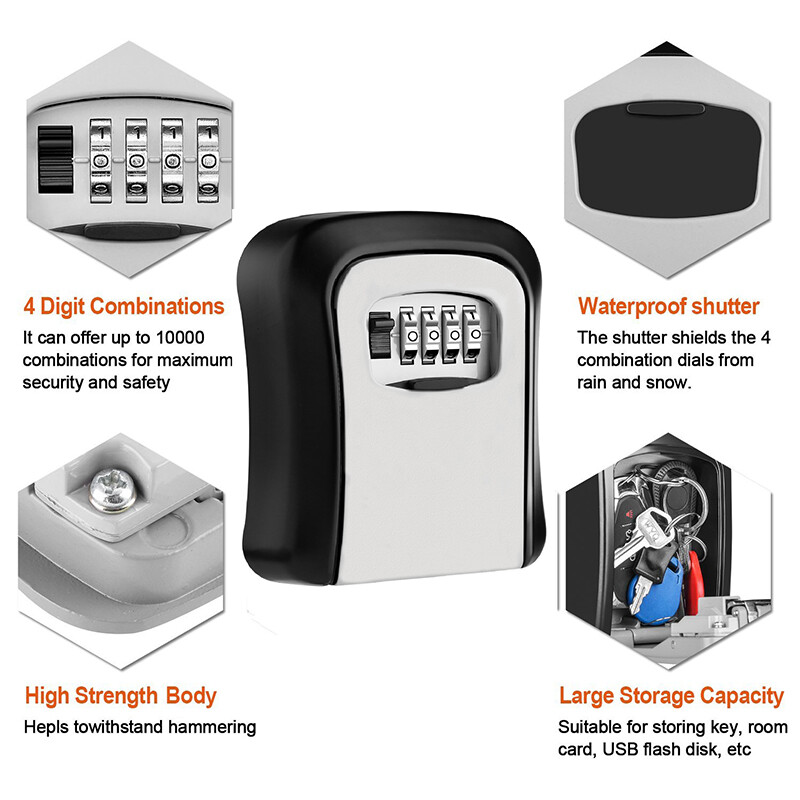 KIPRUN Key Lock Box, 4 Digit Combination Key Storage Lock Box, Wall Mounted Key Safe Box, 5 Keys Capacity Weatherproof for Indoor Outdoor