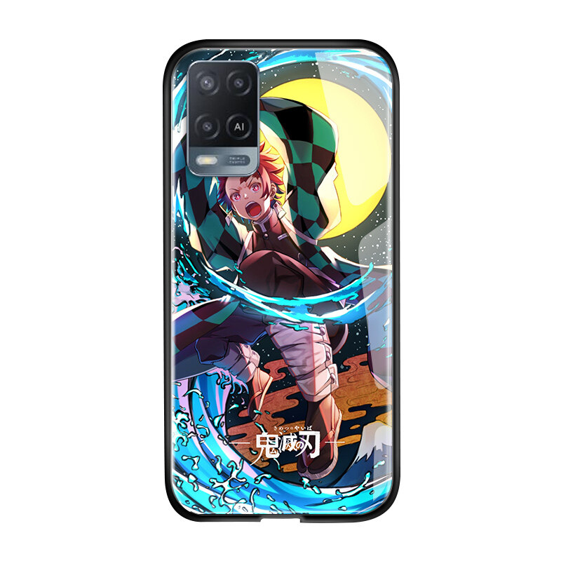 (4G)UCUC Case For OPPO A54 Phone casing oppoa54 Shockproof Anime For Girls Women Demon Slayer Phone Case Kimetsu no Yaiba Tanjirou Nezuko Glossy Tempered Glass Casing Cover