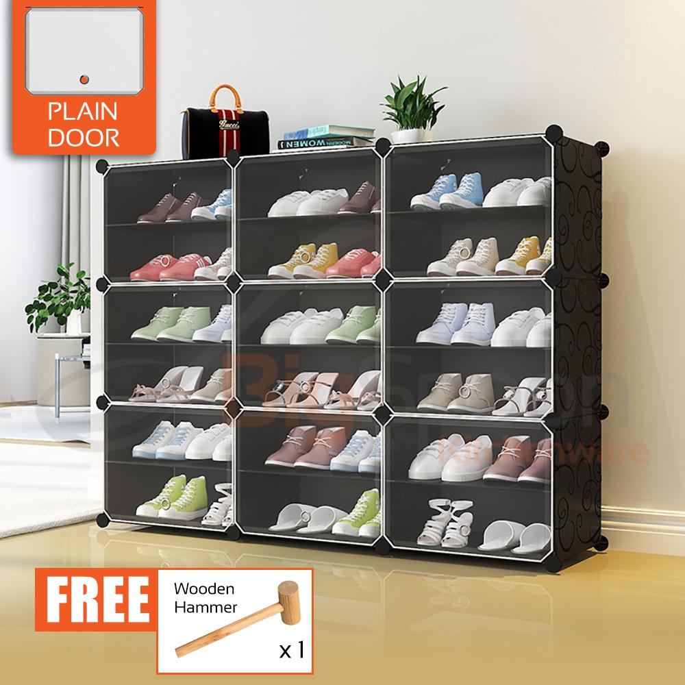 Bigspoon 18 Slot Plastic Shoe Organizer Diy Rak Kasut Shoe Box Storage With 9 Waterproof Doors For Multipurpose Shoes Rack Storage With Adjustable Cube Cabinet Anti Dust Free Wooden Hammer Almari Kasut Bertutup 鞋柜