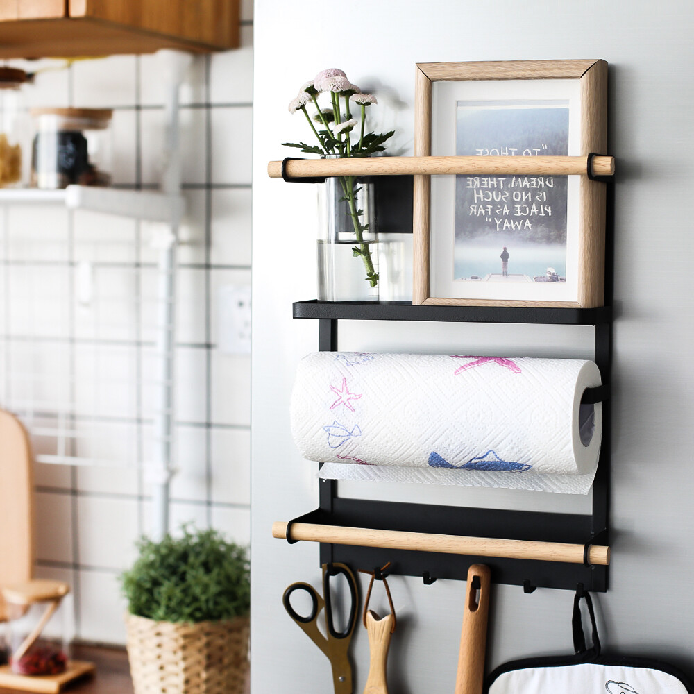 Vision Iron Magnetic Fridge Storage Rack 4-Layers Wooden Storage Refrigerator Rack Side Shelf Kitchen Storage Rack Fridge Side Shelf