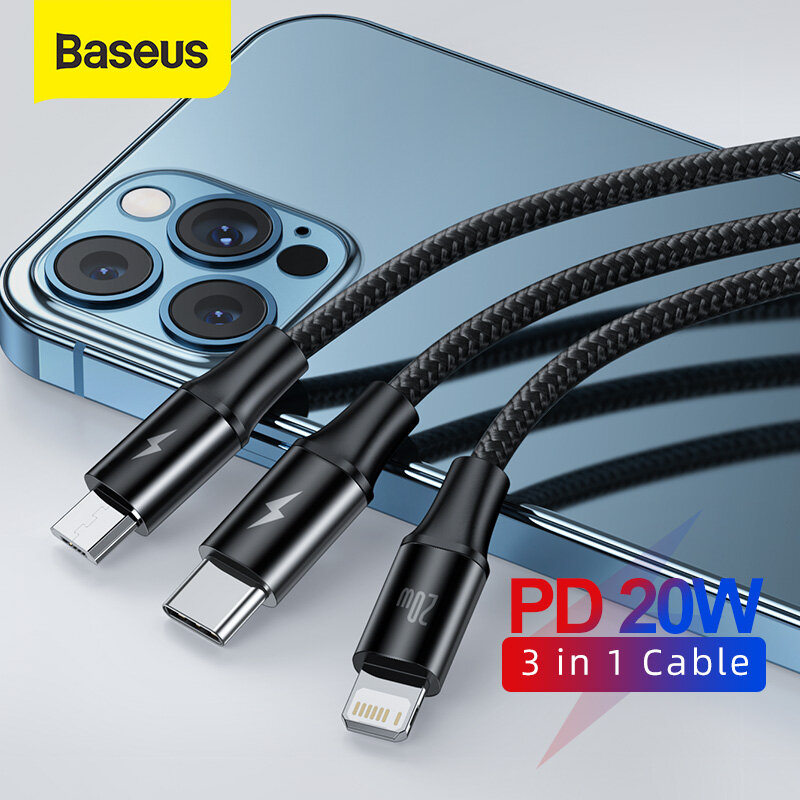 Baseus 1.5meter 3 in 1 PD 20W USB Type C Cable for iPhone 12 Pro Max Fast Charging Charger Cable For Xiaomi Redmi Samsung S21 Micro USB Data Cord
