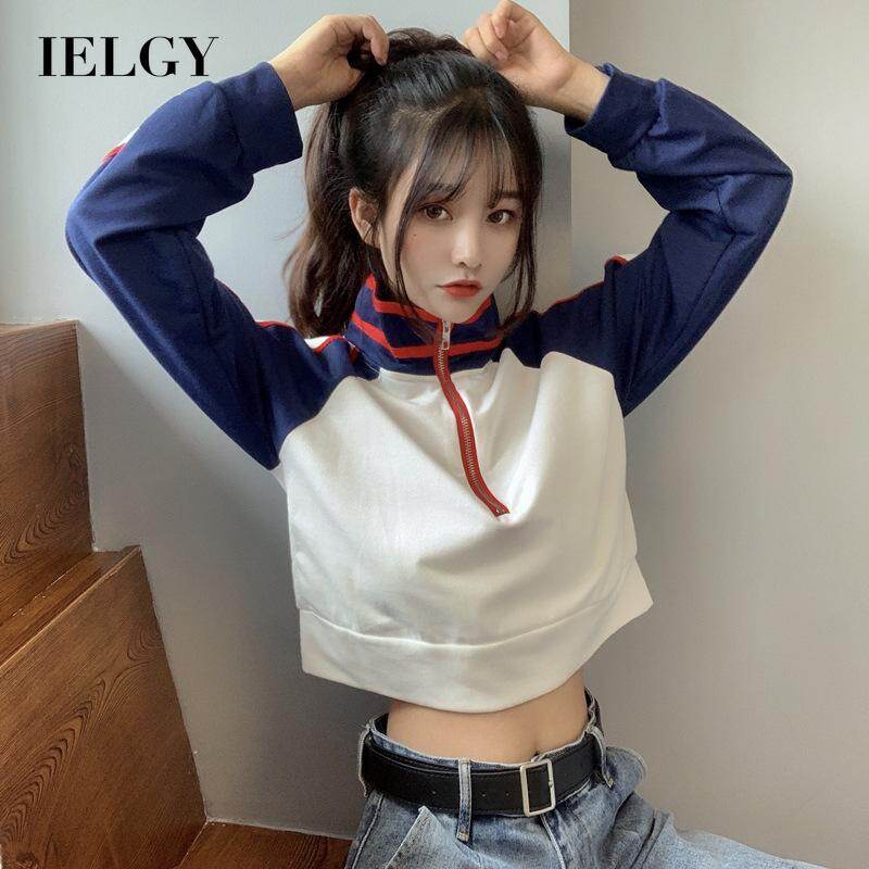IELGY Women's clothes long sleeves exposed navel sweater all-match loose high waist lapel zipper stylish