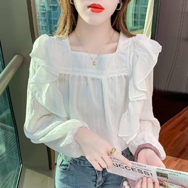 Chiffon Shirt Women's 2022 New Spring Square Collar Long Sleeve Top Korean Version Fashion Loose Pullover Blouses
