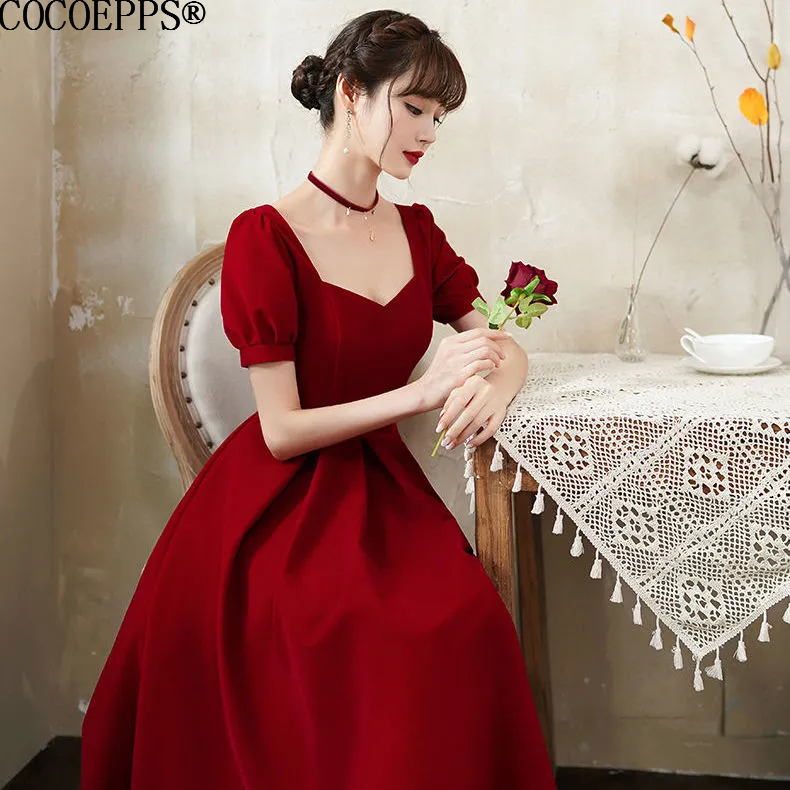 COCOEPPS dinner dress Evening Dress New Temperament Red French Square Collar Palace Dress Bridesmaid Dress 新年衣服2024女装