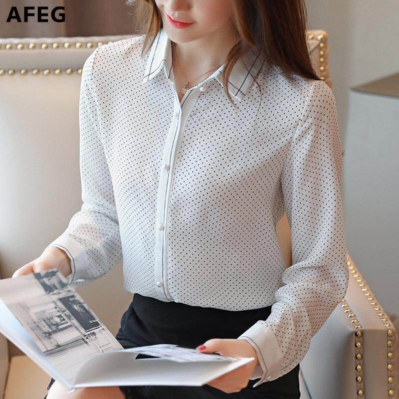 AFEG new Korean women's long-sleeved lapel dot chiffon casual fashion wild temperament elegant blouse
