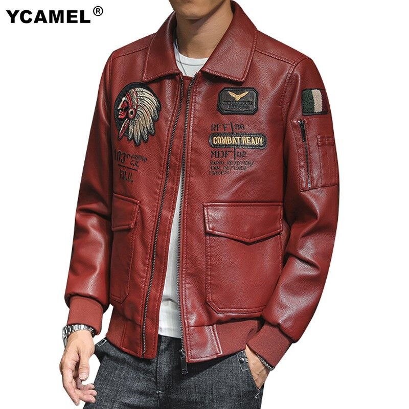 Brand Fashion Embroidery Men's Leather Jacket Zipper Pockets PU Leather Jacket Men Indian Biker Jackets Coats