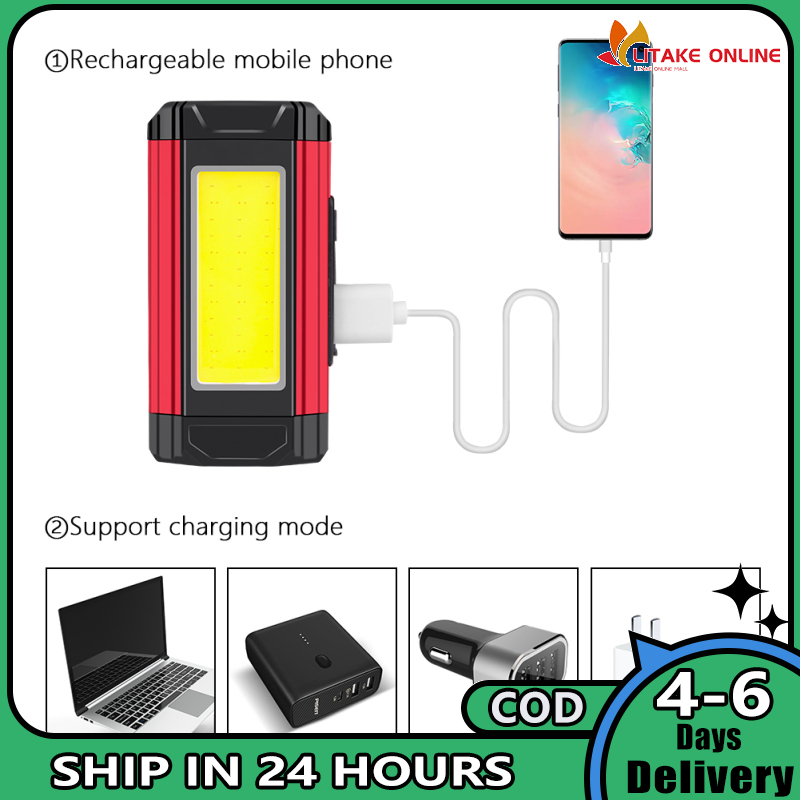 Bicycle Front Light Usb Rechargeable Dual Light Source Flashlight Torch Outdoor Camping Tent Lantern With Magnet Hook
