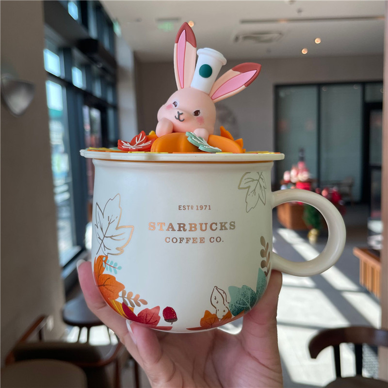 Starbuck Cup Autumn Maple Leaf Cute Fox Shape Bronze Ceramic Mug Desktop Cup Coffee Cup with Cover