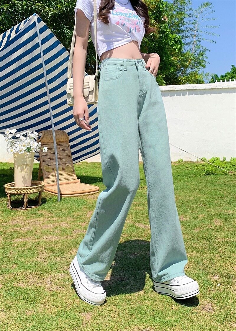 Jeans for women Korean style high waist loose solid color cotton casual straight trousers
