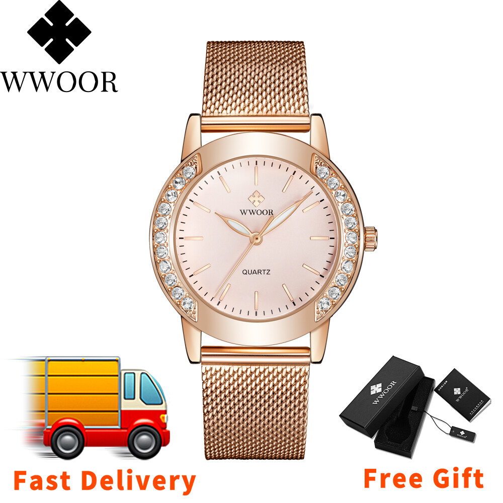WWOOR Ladies Top Luxury Casual Women Diamond-Accented Wristwatch Japanese Quartz Rose Gold Female Watch Stainless Steel Mesh Bracelet Pink
