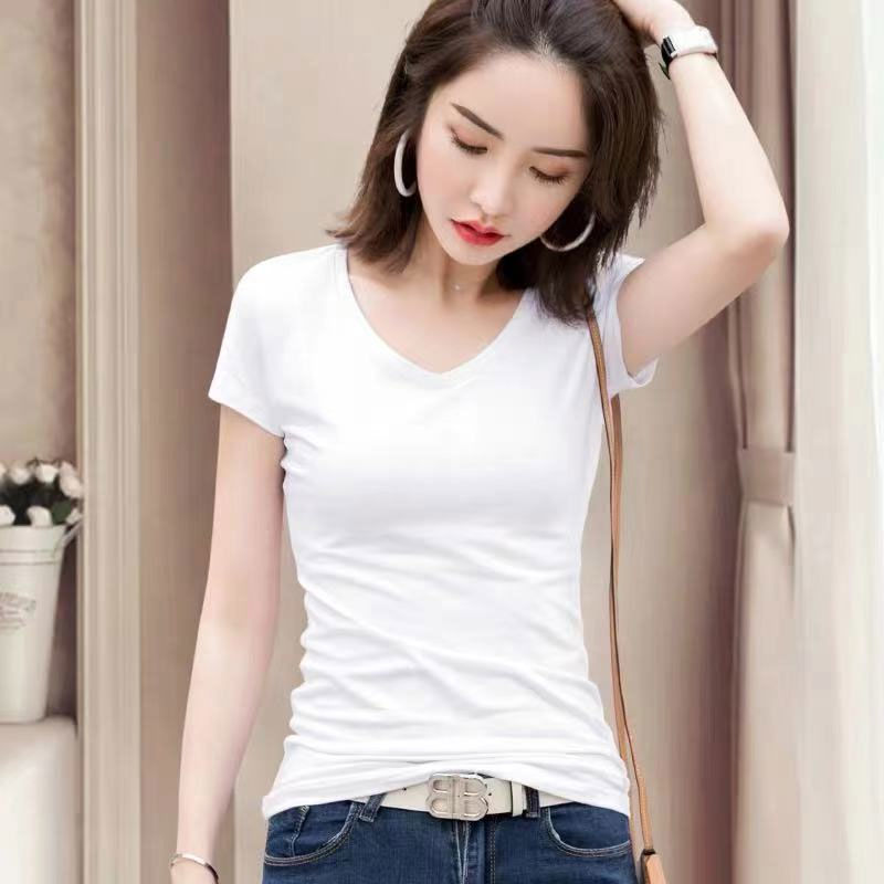 MSBEST Women Short-sleeved T-shirt Solid Color Summer Black V-neck Top Slim Korean Shirt