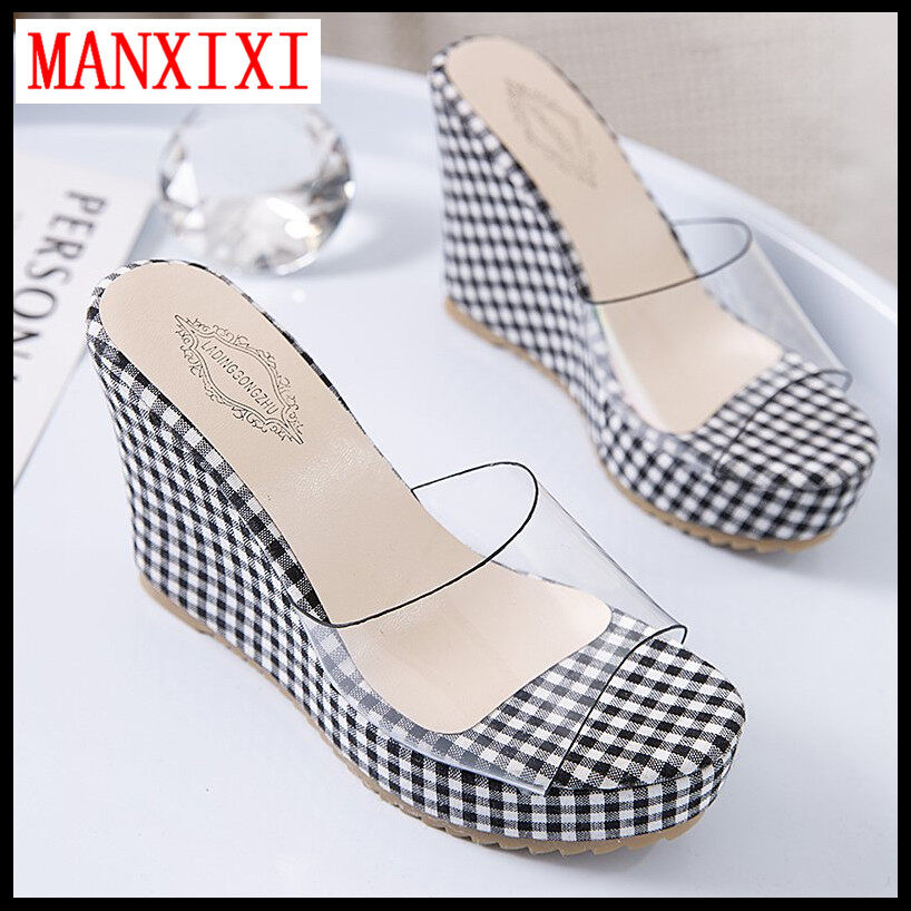 MANXIXI Brand Fashion Slippers Beautiful Plaid Pattern 2.75 Inches Wedge Sandals For Women (Size 35-40)