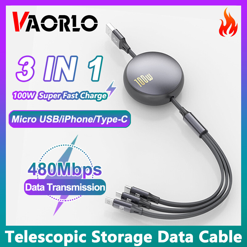Vaorlo 3 Trong 1 6A USB C Cáp Có Thể Thu Vào Nhanh dây sạc 1.2M 100W loại USB C Cáp Cho Micro Android Huawei Dòng Tương Thích Với iPhone 14 13 12Pro Max