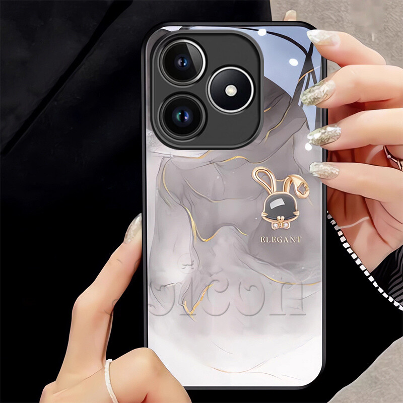 Realme C53 C51 Phone Case Luxury Elegant Cute Rabbit Liquid Glass Case Lens Protection Tempered Glass Cover Anti-sweat Anti-scratch Shockproof Casing