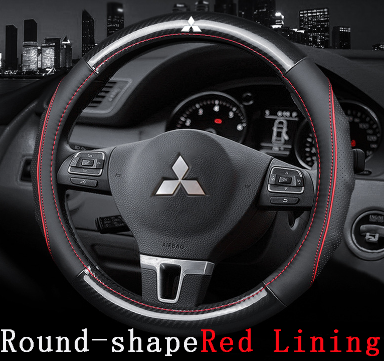 Mitsubishi Car Steering Wheel Cover (Round Shape Red Lining) Leather Carbon Fiber Non-slip No Smell Thin Suitable for All Mitsubishi Cars 38CM