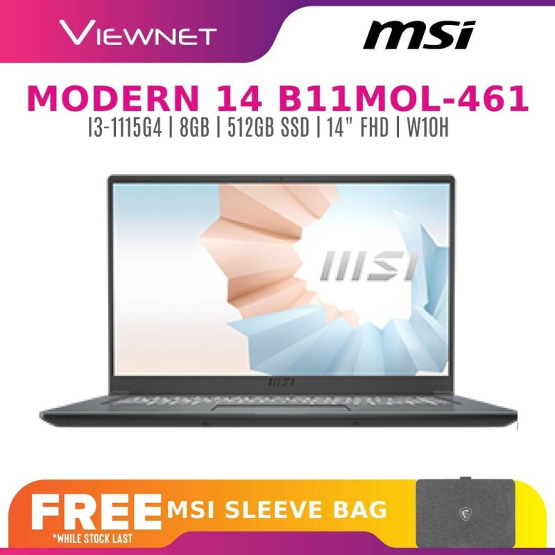 MSI MODERN 14 B11MOL-461 LAPTOP INTEL I3-1115G4/8GB DDR4/512GB SSD/Intel Integrated/W10H/14 FHD/GREY #1-YEARS MSI WARRANTY# Malaysia