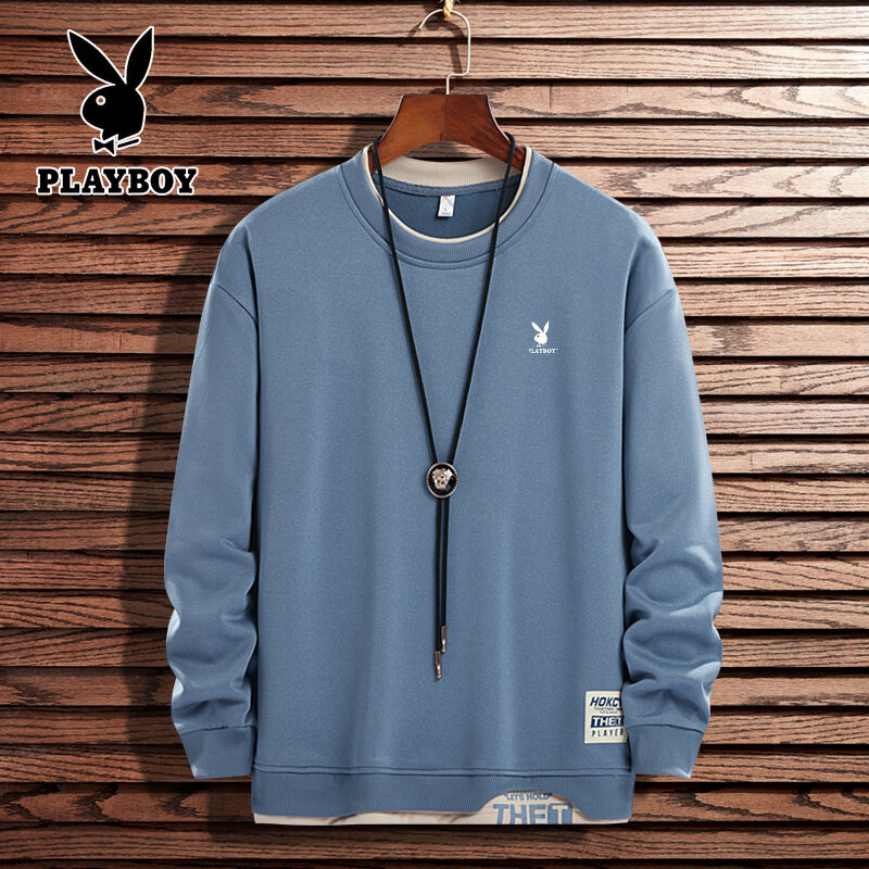 PLAYBOY New Fashion Men's Casual Long-sleeved T-shirt Round Neck Trendy Sweater Fashion Long Sleeve Sweater Long Sleeve T-shirt for Men