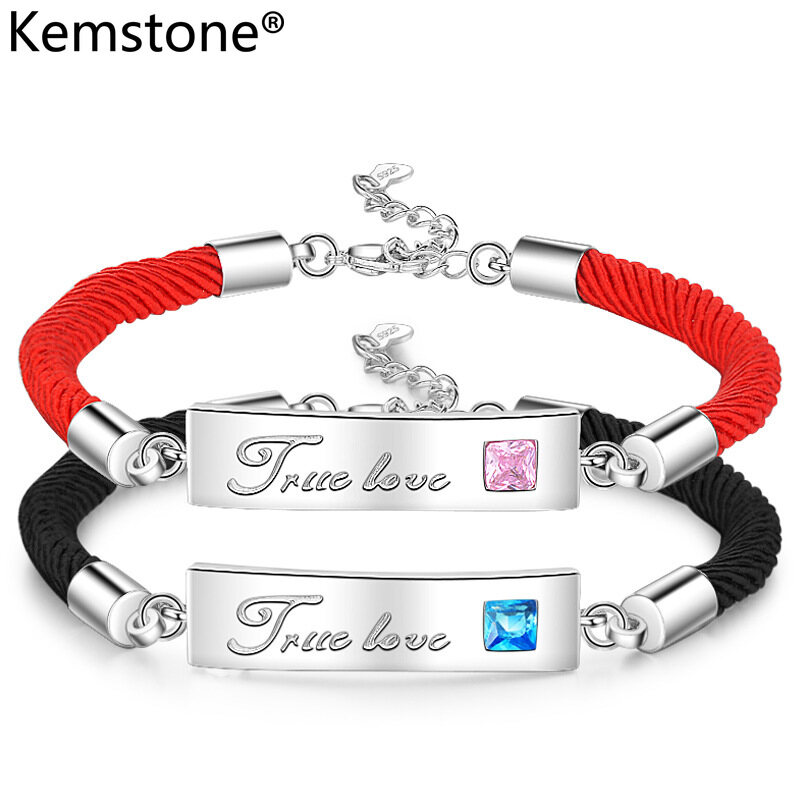 Kemstone Simple Silver Plated Red/Black Rope Cubic Zirconia True Love Bracelet Couple Bracelets Gift for Boyfriend Girlfriend