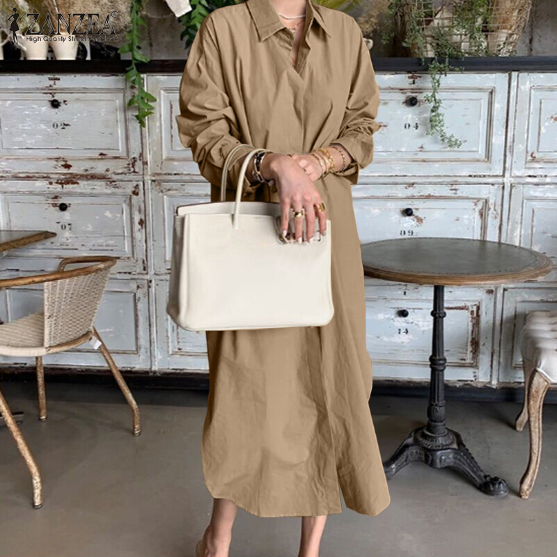 ZANZEA Womens Collared Button Down Solid Colour Kaftan Long Maxi Shirt Dress