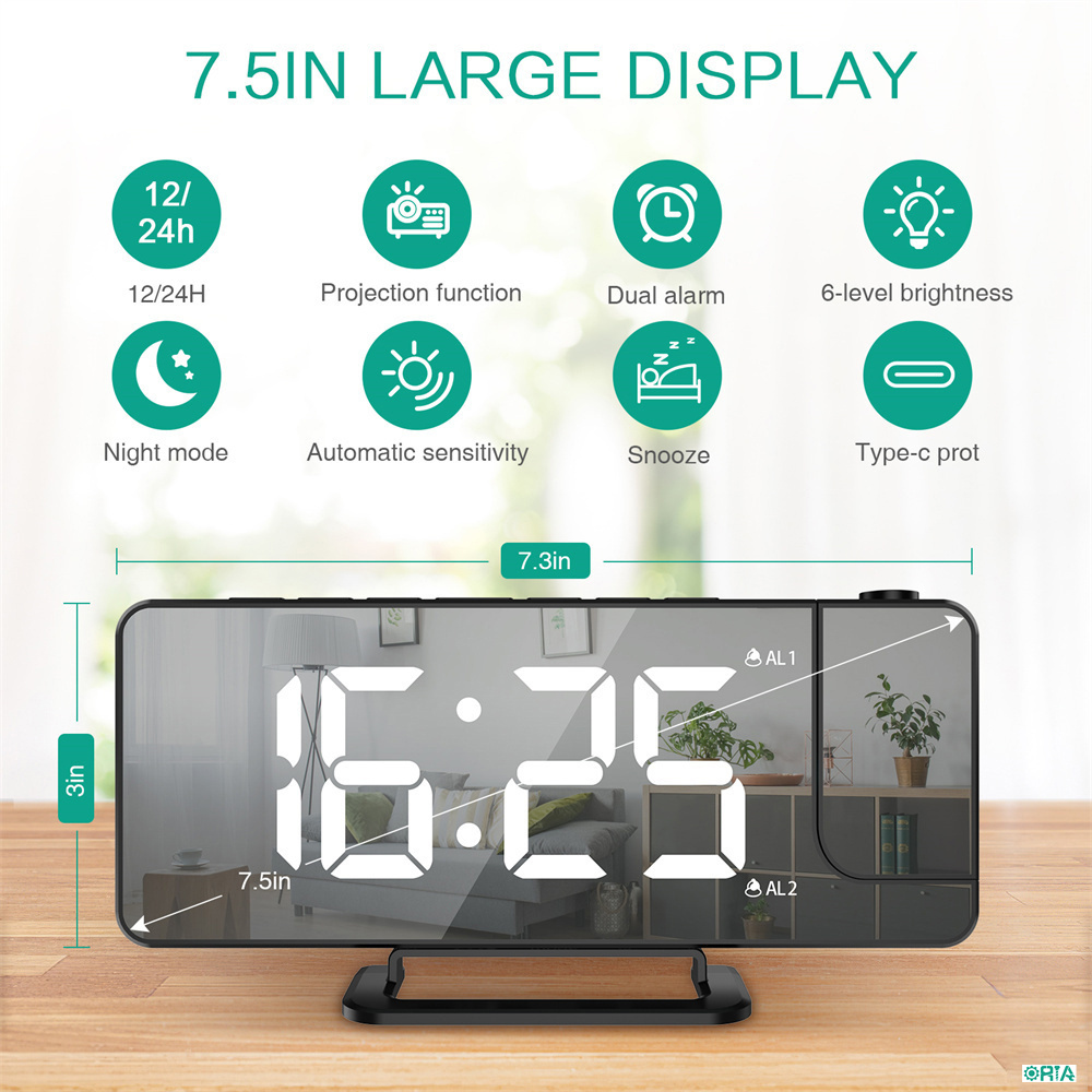 【Upgraded】ORIA Projection Alarm Clock for Bedroom Dual Digital Clock Adjustable Brightness 7.5" Large Screen 12/24H Format Desk Clock with 180° Projector Snooze Function for Office Home Elders Senior