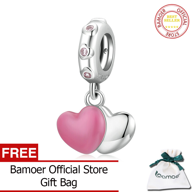 BAMOER 925 Sterling Silver Charm Double Pink Love Heart Bead Pendant Fit Original Bracele Women Jewelry SCC2006