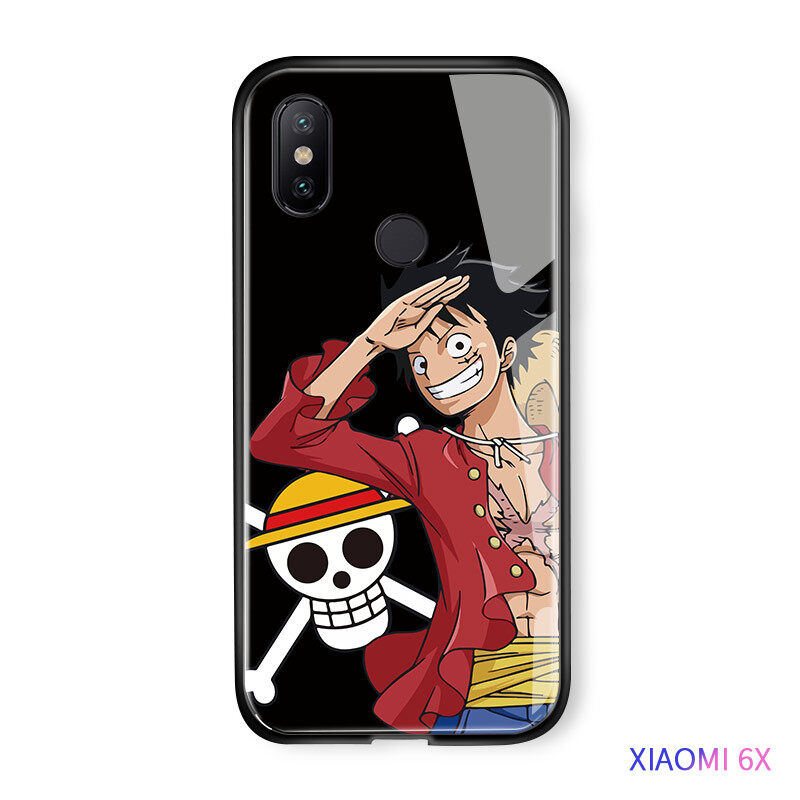 UCUC For Xiaomi MI 6X Glass handphone Case Xiomi mi A2 Fashion Classic Cute Soft Edge Anime Luffy Glossy Casing Tempered Glass Shockproof Back Case Cover