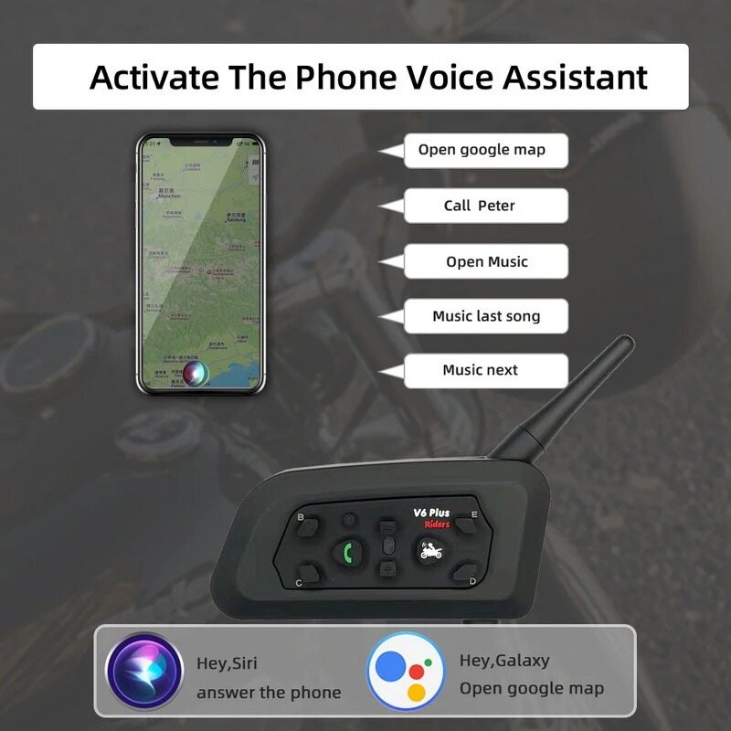 V6 Plus Bluetooth Motorcycle Helmet Intercom 1200M Headset for 6 Riders Waterproof BT Interphone Communicator