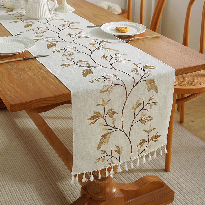 European Style Embroider Table Runner For 14,8,6 Seaters Dining Beautiful Oversized 450cm Long Strip Table Runner 12 Seater Dining Elegant Woven Tassel Forest Natural Table Runner For 10 Seater Center Table tablecloth slender 350cm
