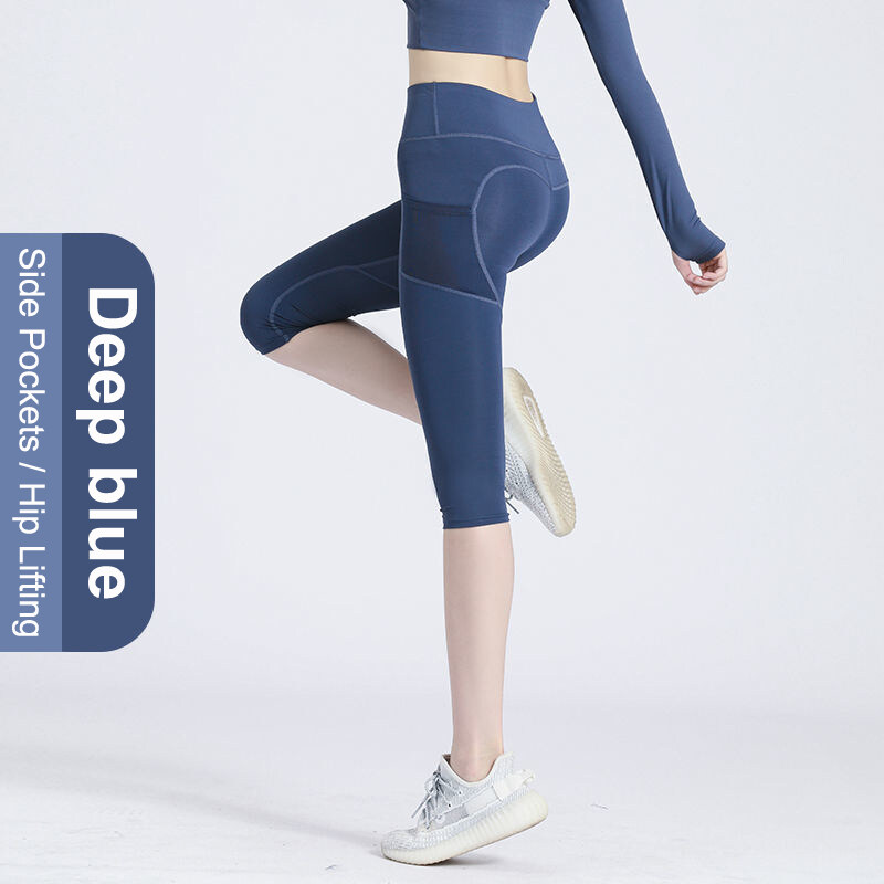 Női Capri jóganadrág zsebekkel, varrás nélküli push-up csípőre erősíthető edzőtermi Fiess sportleggings rövidnadrág_voghion.com
