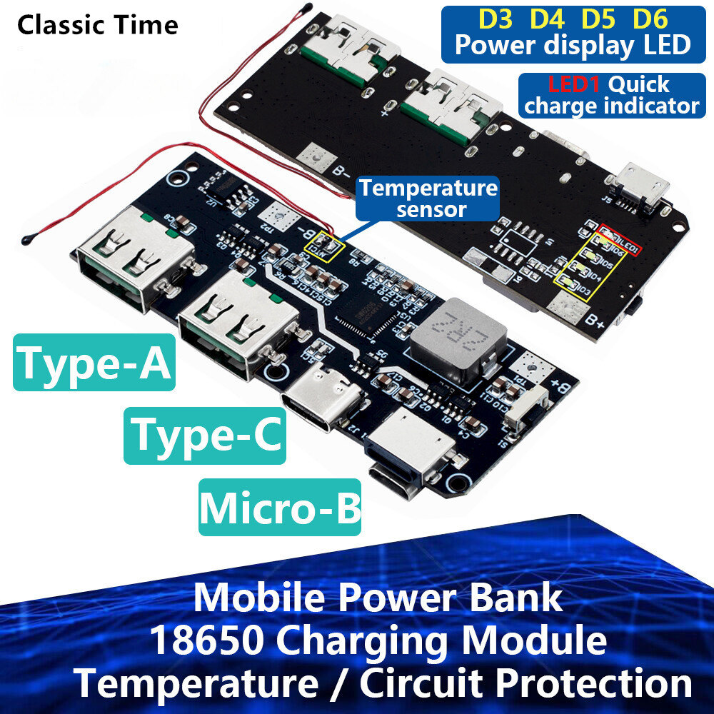 Qc4.0 qc3.0 led dual usb 5v 4.5a 22.5w micro/type-c usb mobile power bank 18650 charging module temperature / circuit protection