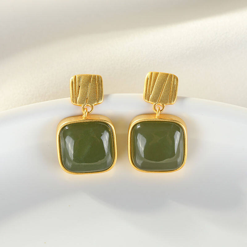 T-B High-end retro earrings for women, temperament Hetian jade geometric sterling silver and gold female earrings jewelry