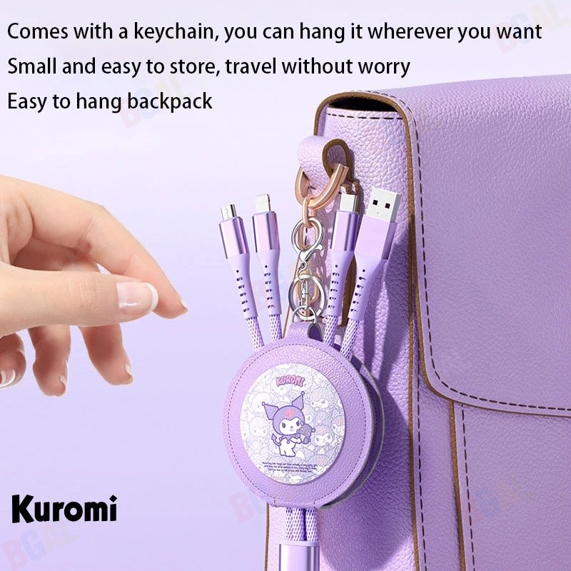 (66W)100% Authentic Sanrio Accessories 3 in 1 Charging Cable with Mirror & Keychain Kuromi USB Cable Type C Lightning Cable Retractable Micro USB Cable Fast Charging for iOS and Android Smartphone Birthday Gift Cinnamoroll AQ7