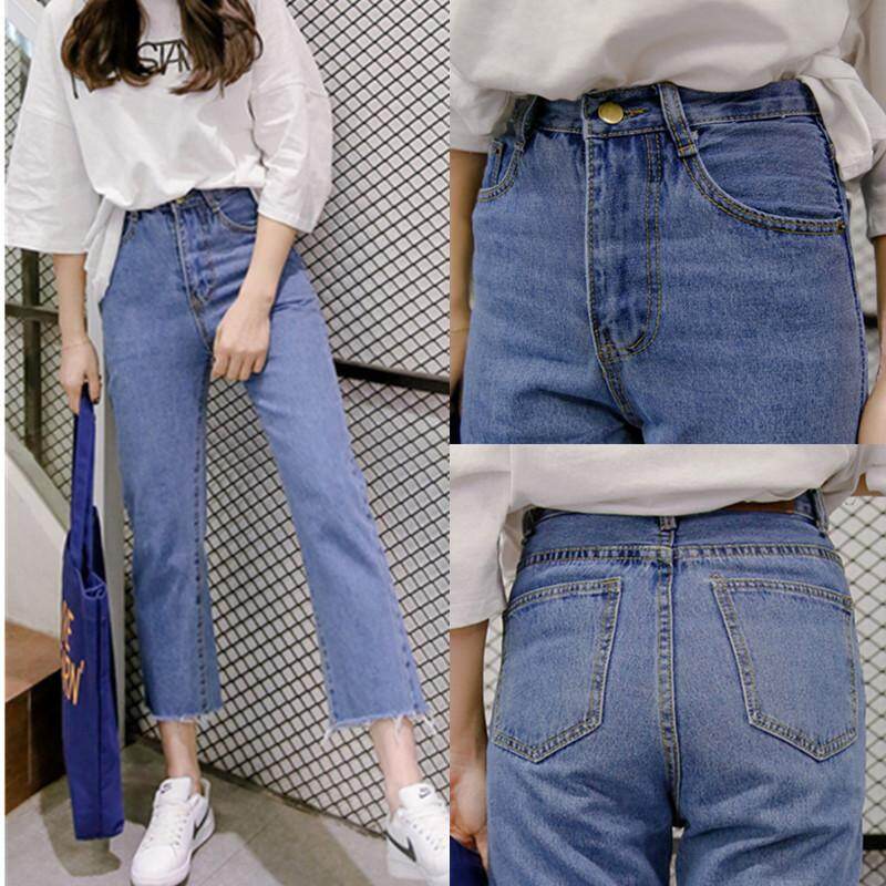 PWAE Korean High Waist Jeans for Women Fashion Loose Plus Size Blue Jeans for Women