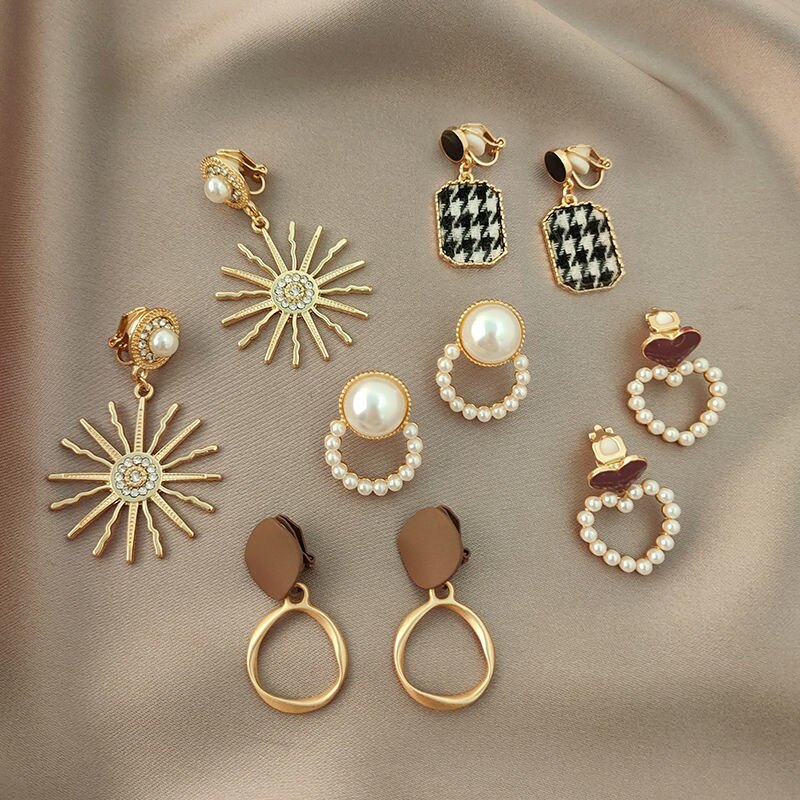 5/Pcs Ear Clip Set Elegant Pearl Painless Clip On Earrings Women Korean Fashion Ladies Clip Earrings