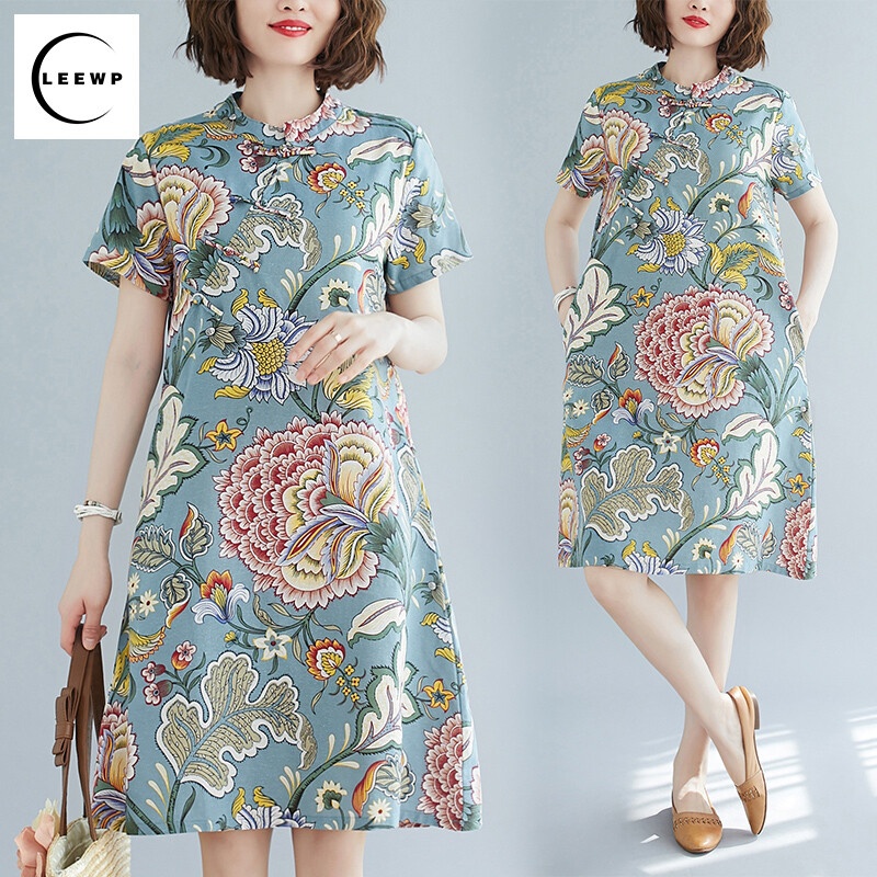 2020 New Round Neck Buckle Cheongsam Mid-length Dress