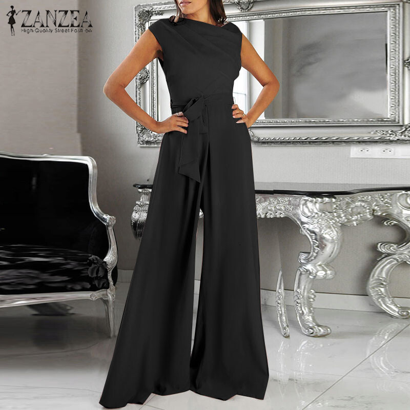 ZANZEA Womens Sleeveless Solid Jumpsuits Ladies Summer Wide Leg Romper Pants Playsuits #15