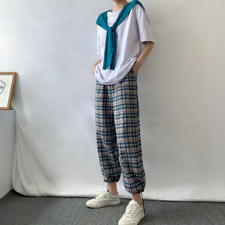 women's blue plaid pants
