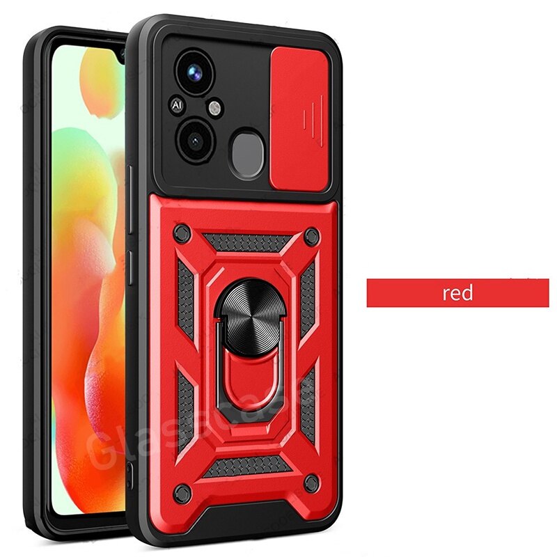For Xiaomi Redmi 12C 10C Redmi12C Phone Case Metal Armor Ring Bracket Stent Push Camera Shockproof Protection Casing Hard Cover