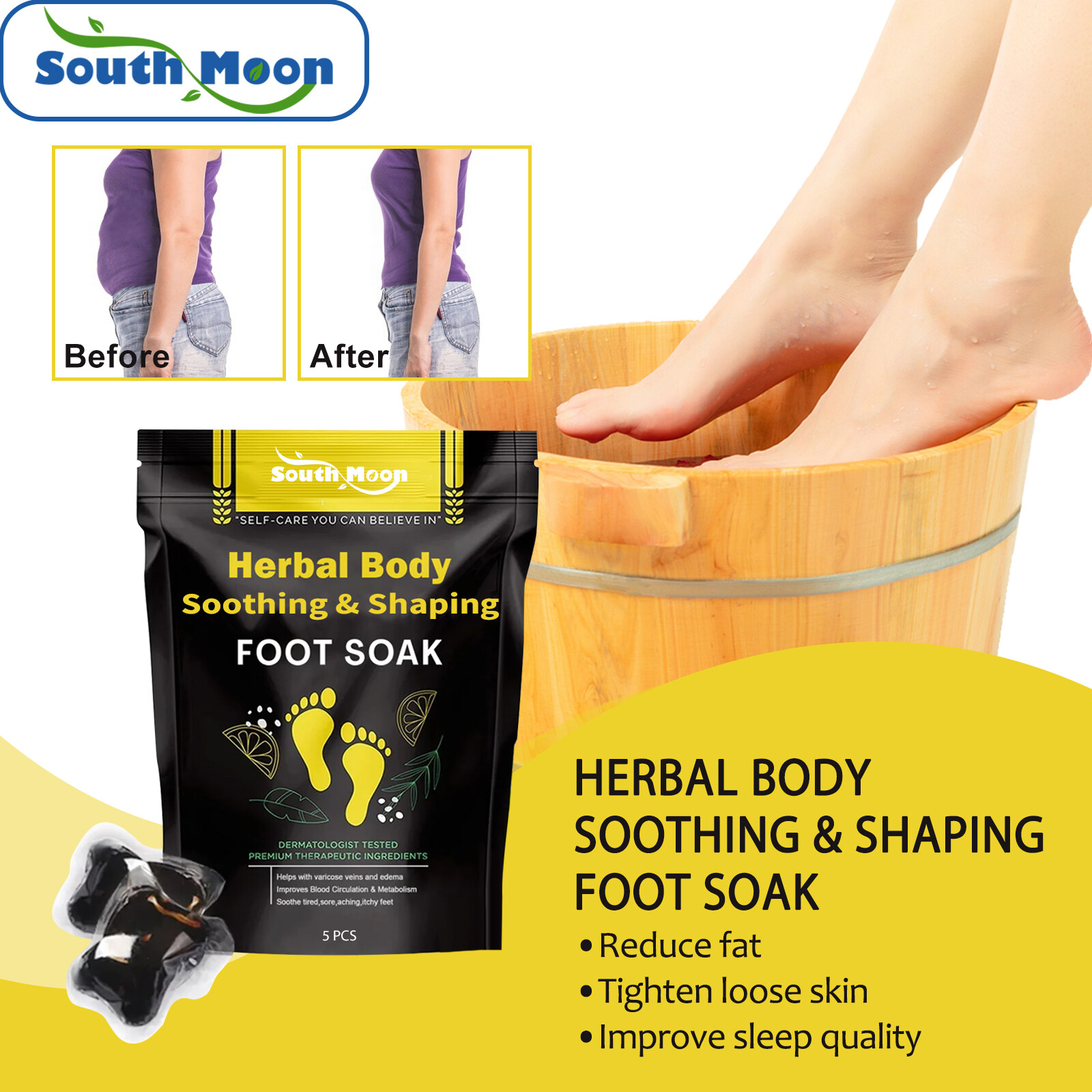 South Moon Plant Body Soothing Shaping Foot Soak Bag Relieve Fatigue Swelling Dehumidification Detox Slimming Foot Bath Bag Fast Loss Weight Fat Burning Relax Stress oot Cleansing Soak Gel Body Care(5pcs/bag）