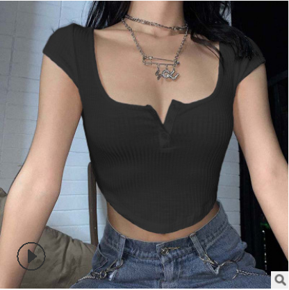 Moderntime Tiktok style Women Summer Fashion Short Sleeve U-neck Exposed Navel Top Fashion Buttons Solid Color Tops Casual Knitted Slim Base Shirt Top
