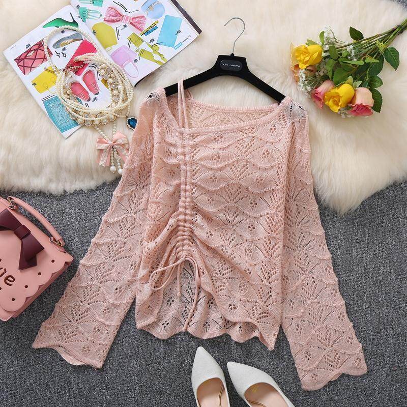 Ladies Hollow Crochet Knitted Sweaters Casual Drawstring Long-sleeved Pullover Short Sweaters Top