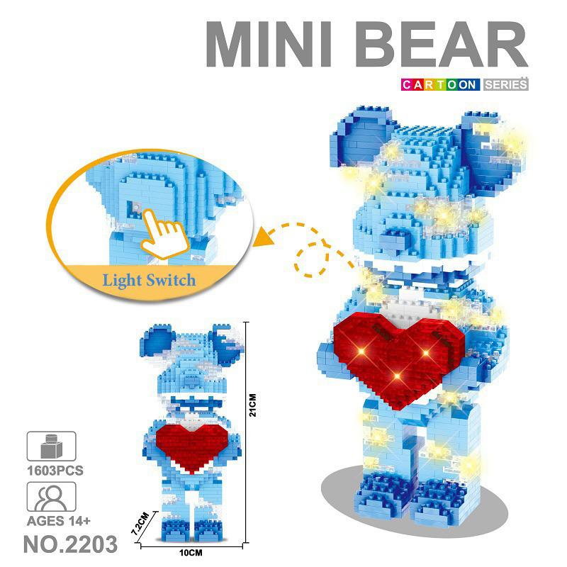 DIY Net Red Love Violent Bear Model Bricks With Lighting Set Mini Animal Assembled Building Blocks Educational Decoration Toy