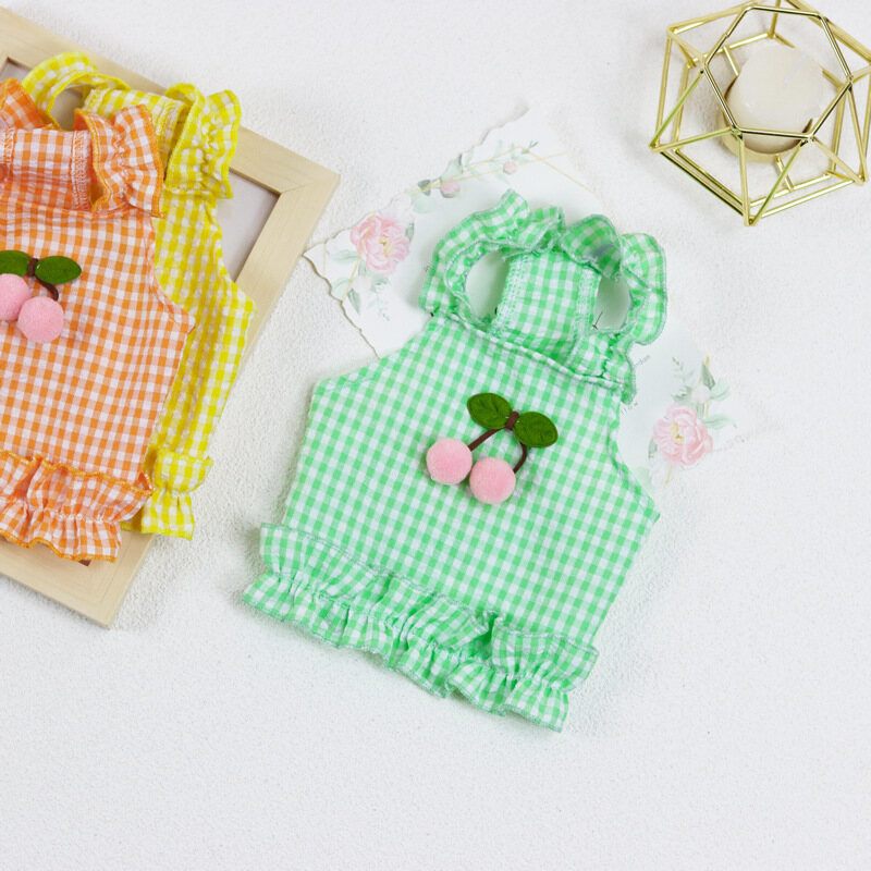 DY Loving Dog Clothes Korean Style Grid Vest with 3D Cherry Cotton Ruffle Sling Shirt for Dogs Cats ShihTzu within 6kg