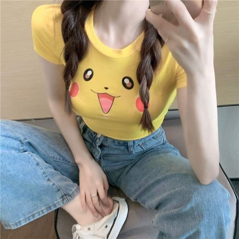[HCM]Áo croptop ôm hoạ tiết Pikachu dễ thương