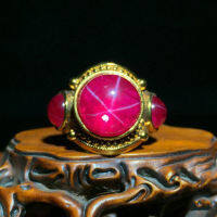 Antique Qing Dynasty starlight Ruby double blessing round ring with gold inlaid opening ring