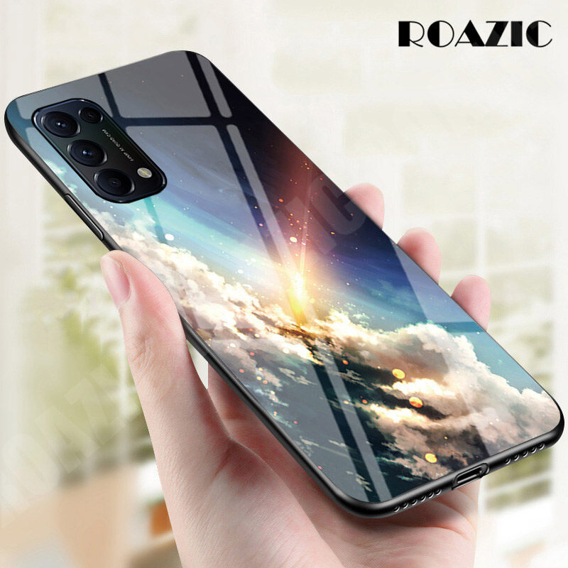 ROAZIC For OPPO Reno5 Phone Case Gradient Starry Luxury Slim Tempered Glass Casing Soft Silicone Edge Shockproof Cover Reno 5