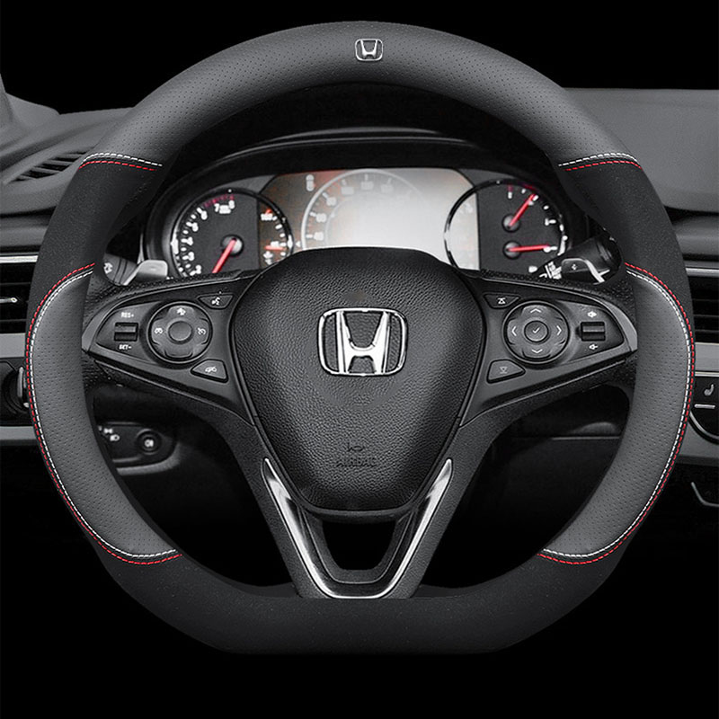 thumbnail interactive-video image 1 of Black Carbon Fiber Steering Wheel Cover - Red Perforated Leather Hand Stitch For Honda Civic 2016-2021 1 of 11