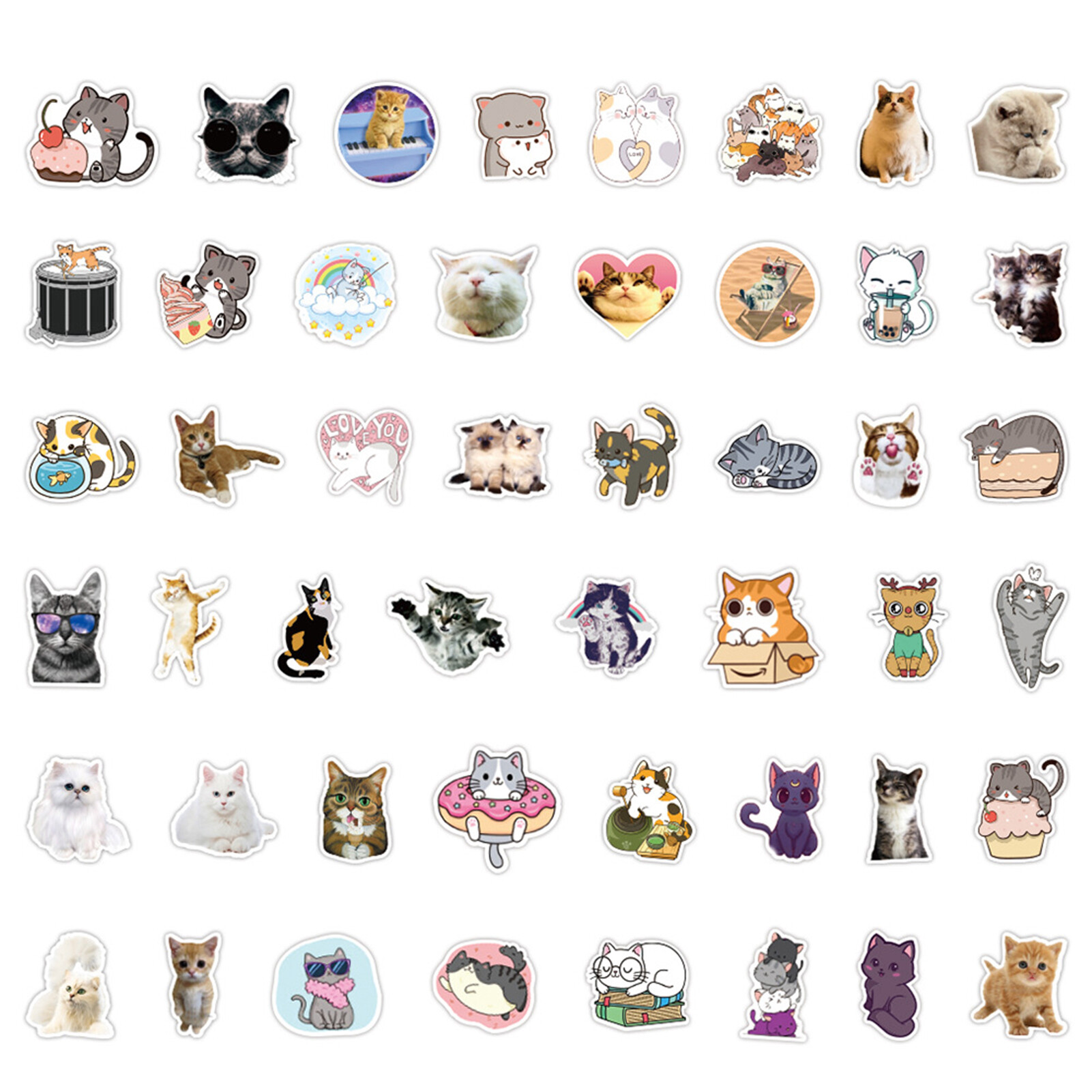 Norkee 100Pcs/Bag Cat Sticker Cute Various Patterns Self-adhesive Removable Waterproof Decorative PVC Laptop Skateboard Doodle Sticker for Kids Doodle Sticker Removable